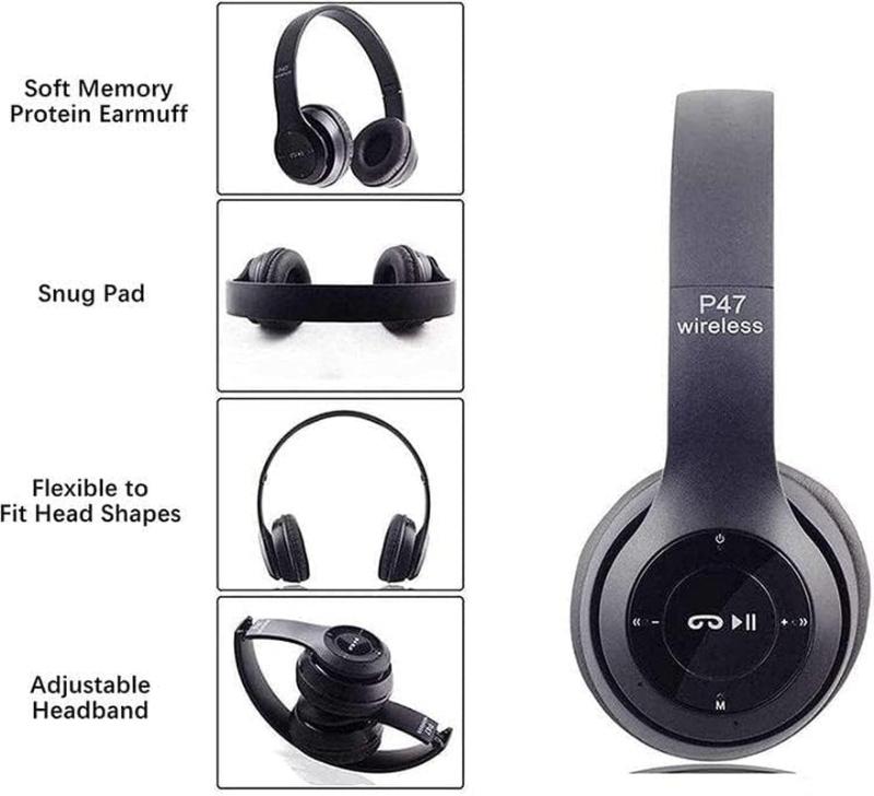 Wireless Headphones Over Ear P47 Super Bass 5.1, Volume Control, Bluetooth, Card Support SD, LED Lights
