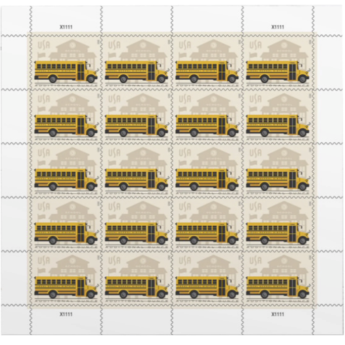 School Bus Additional Ounce USPS Postage Stamps - 1 Sheet of 20