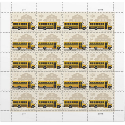 School Bus Additional Ounce USPS Postage Stamps - 1 Sheet of 20