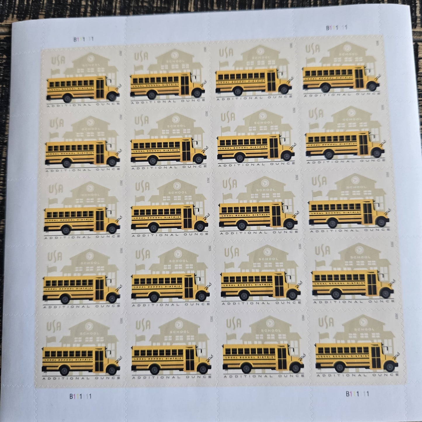 School Bus Additional Ounce USPS Postage Stamps - 1 Sheet of 20