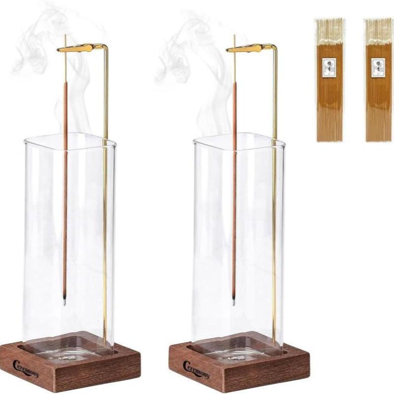Ceremony Wooden Incense Holder for Sticks with Glass Ash Catcher - Includes 20 Incense Sticks and a Ash Brush