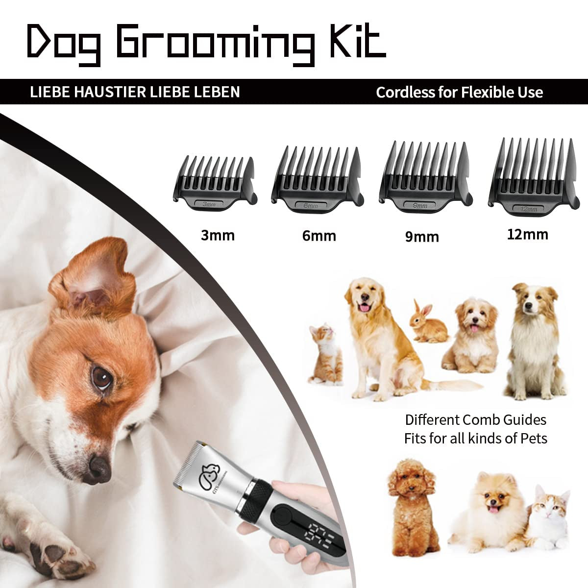 Pet Clippers Professional Dog Grooming Kit Adjustable Low Noise High Power Rechargeable Cordless Pet Grooming Tools , Hair Trimmers for Dogs and Cats, Washable(Ipx5), with LED Display.