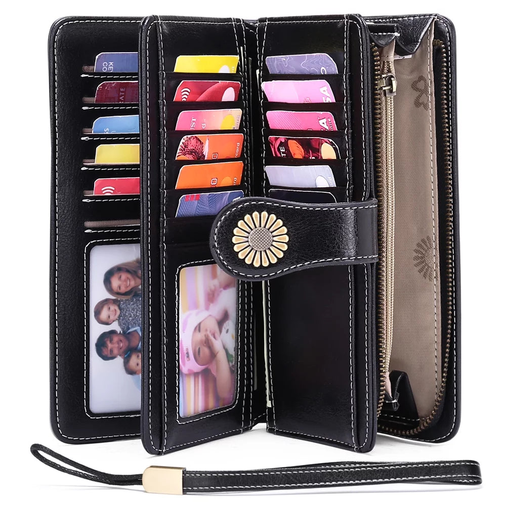 Genuine Leather Credit Card Holder with RFID Blocking Large Capacity Wristlet Wallet