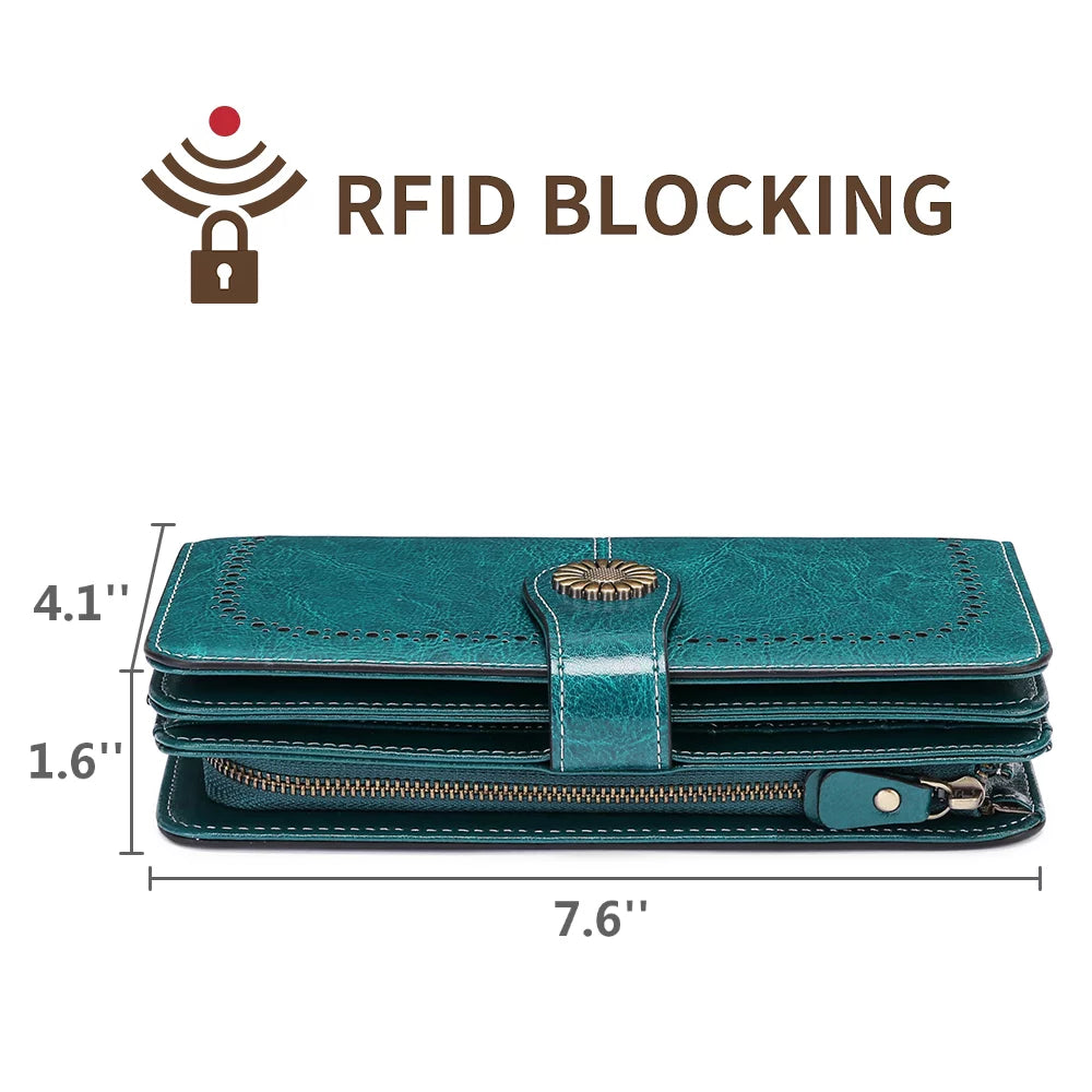 Genuine Leather Credit Card Holder with RFID Blocking Large Capacity Wristlet Wallet