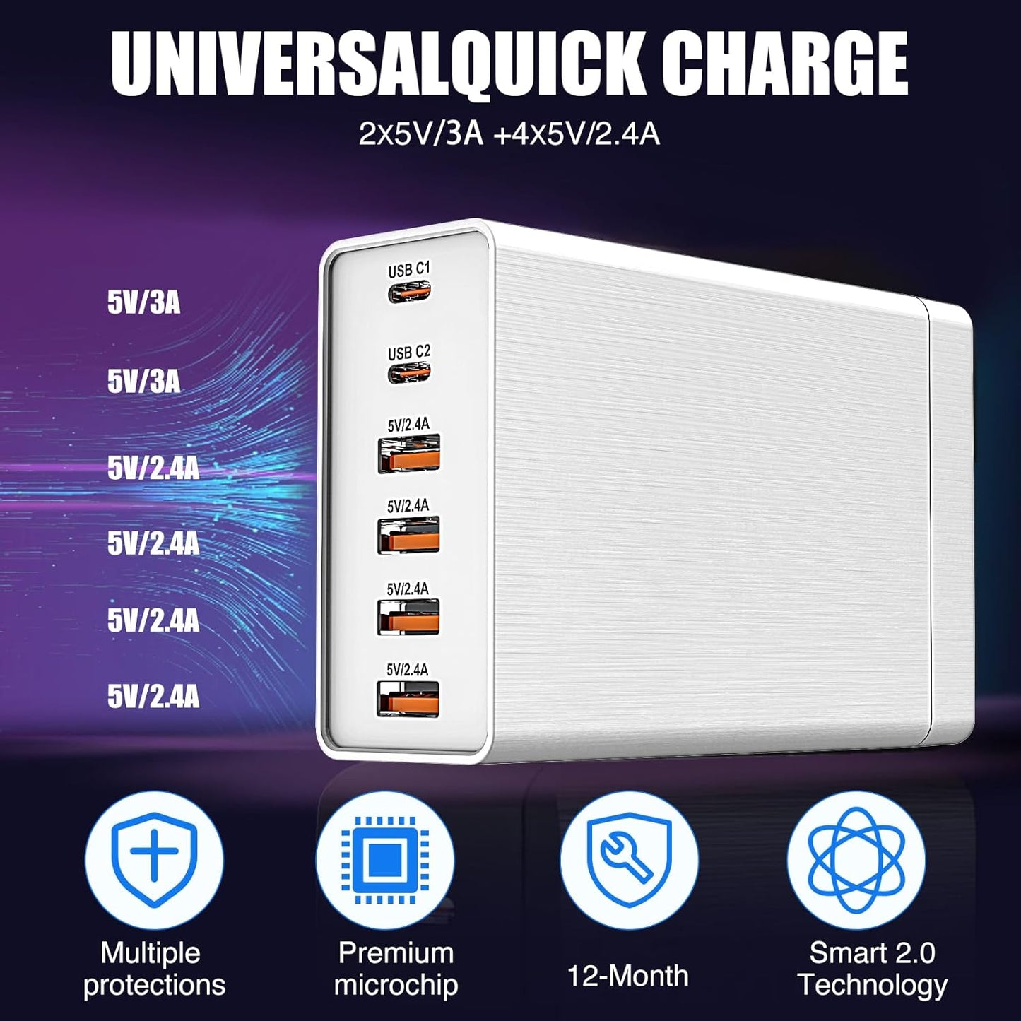 40W Flat Plug 6 Port Multi USB Charging Station with Auto Detect Technology