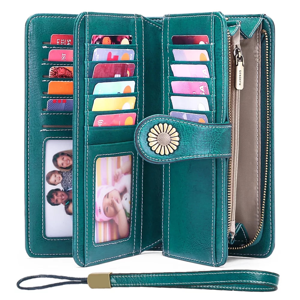 Genuine Leather Credit Card Holder with RFID Blocking Large Capacity Wristlet Wallet