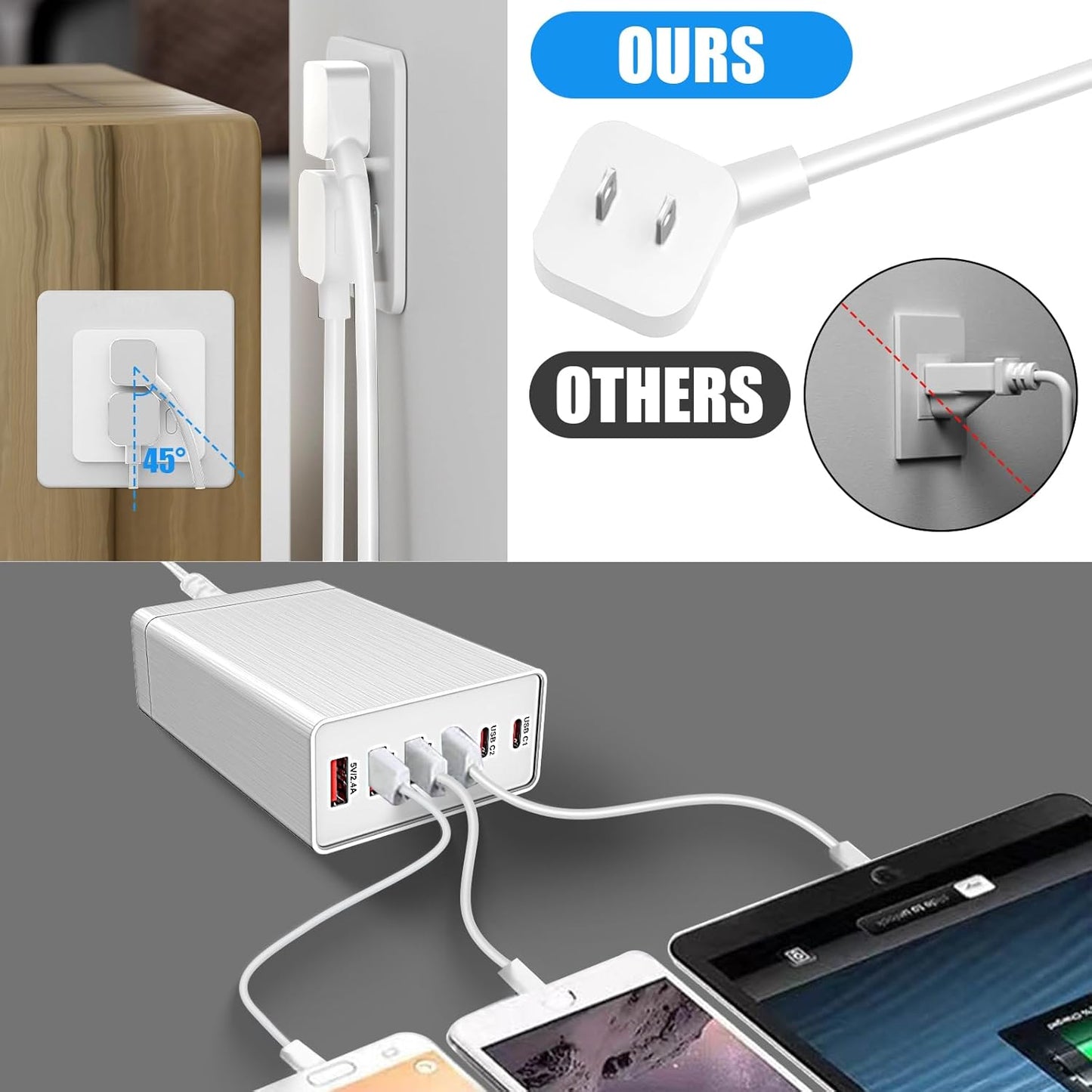 40W Flat Plug 6 Port Multi USB Charging Station with Auto Detect Technology