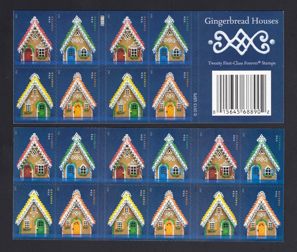 USPS Gingerbread Houses 2013 Forever Holidays Stamps - Book of 20 Postage Stamps