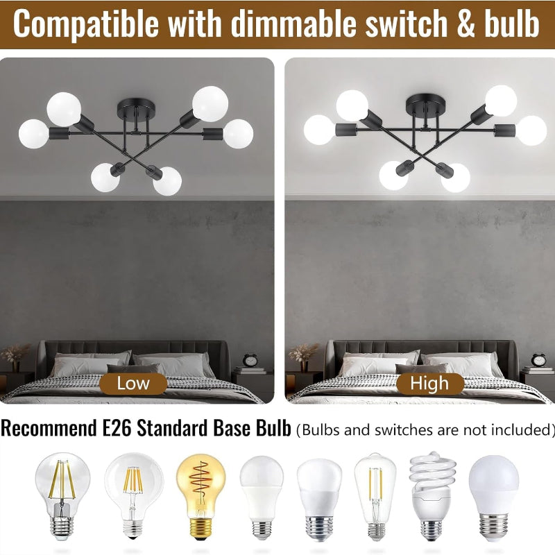 Miri - 6-Light Sputnik Ceiling Light Fixture, Modern Semi-Flush Mount