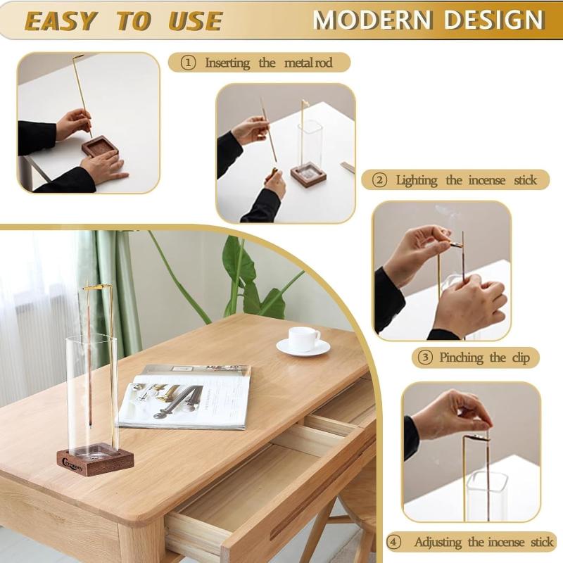 Ceremony Wooden Incense Holder for Sticks with Glass Ash Catcher - Includes 20 Incense Sticks and a Ash Brush