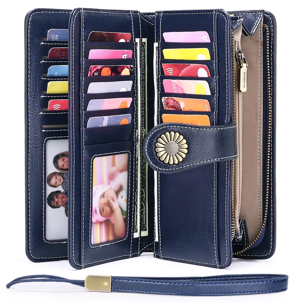 Genuine Leather Credit Card Holder with RFID Blocking Large Capacity Wristlet Wallet