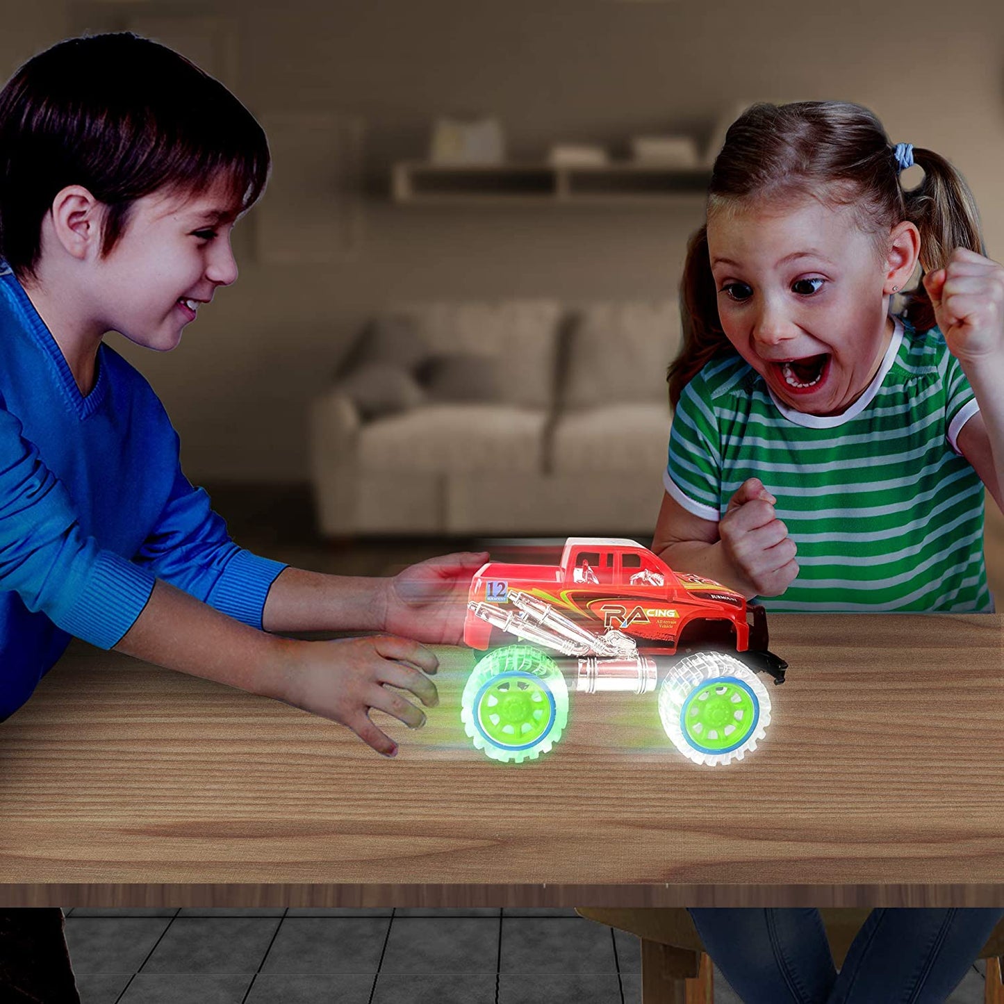 Artcreativity Light-Up Red Monster Truck with Sounds, 9 Inch Monster Truck with Flashing Wheels and Friction Motor, Push N Go Toy Car, Best Birthday Gift for Boys and Girls Ages 3+
