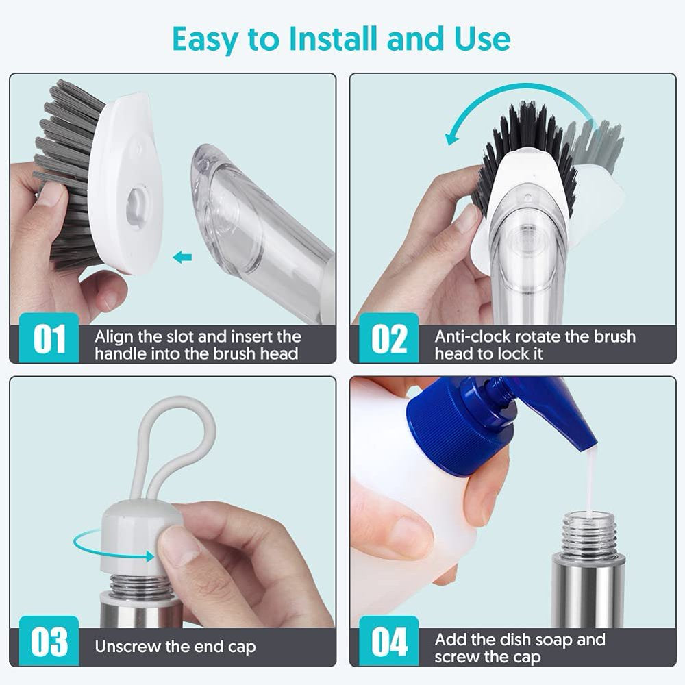 Soap Dispensing Dish Brush Set Kitchen Scrub Brush with Stand 3 Brush Replacement Heads