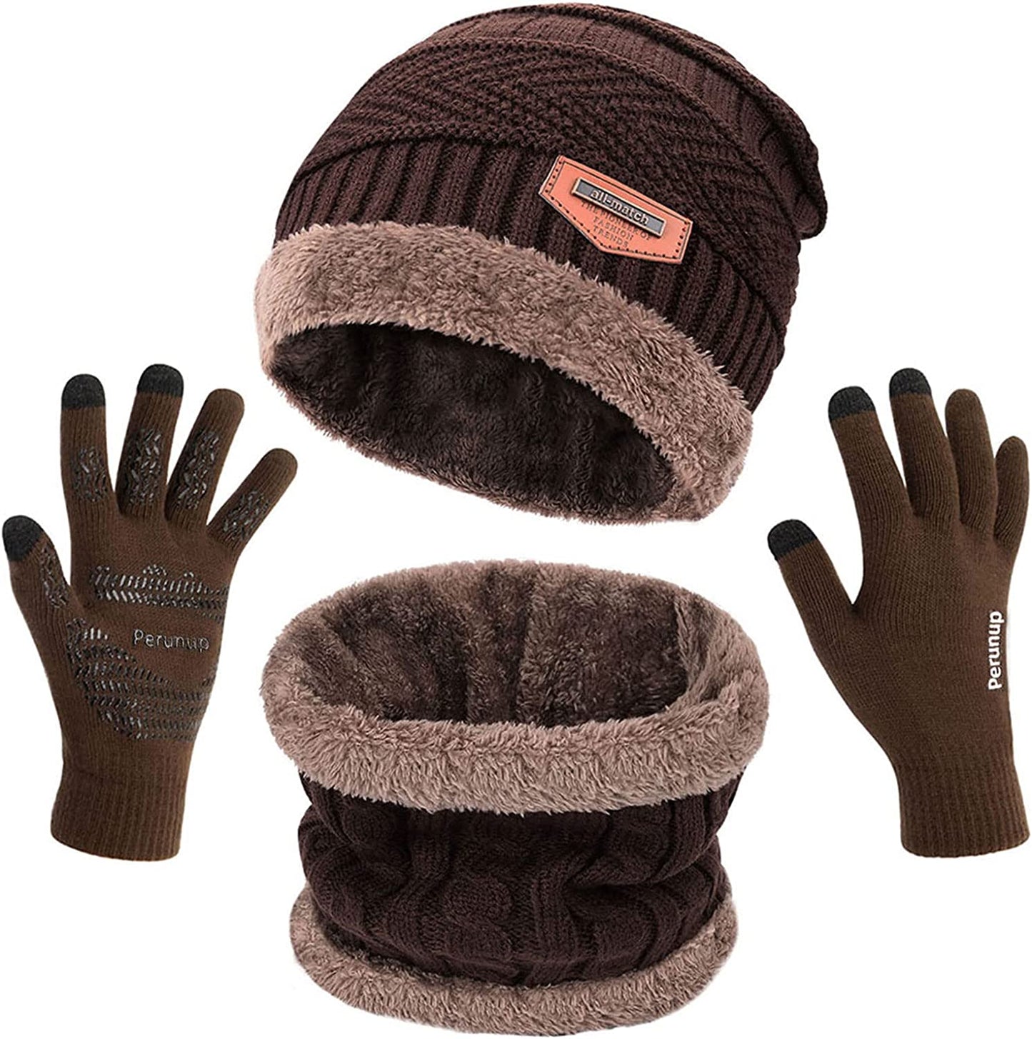 Winter Knit Sherpa Beanie Hat & Neck Warmer Scarf & Touch Screen Gloves Set 3 Pcs Sherpa Lined Skull Cap for Men Women