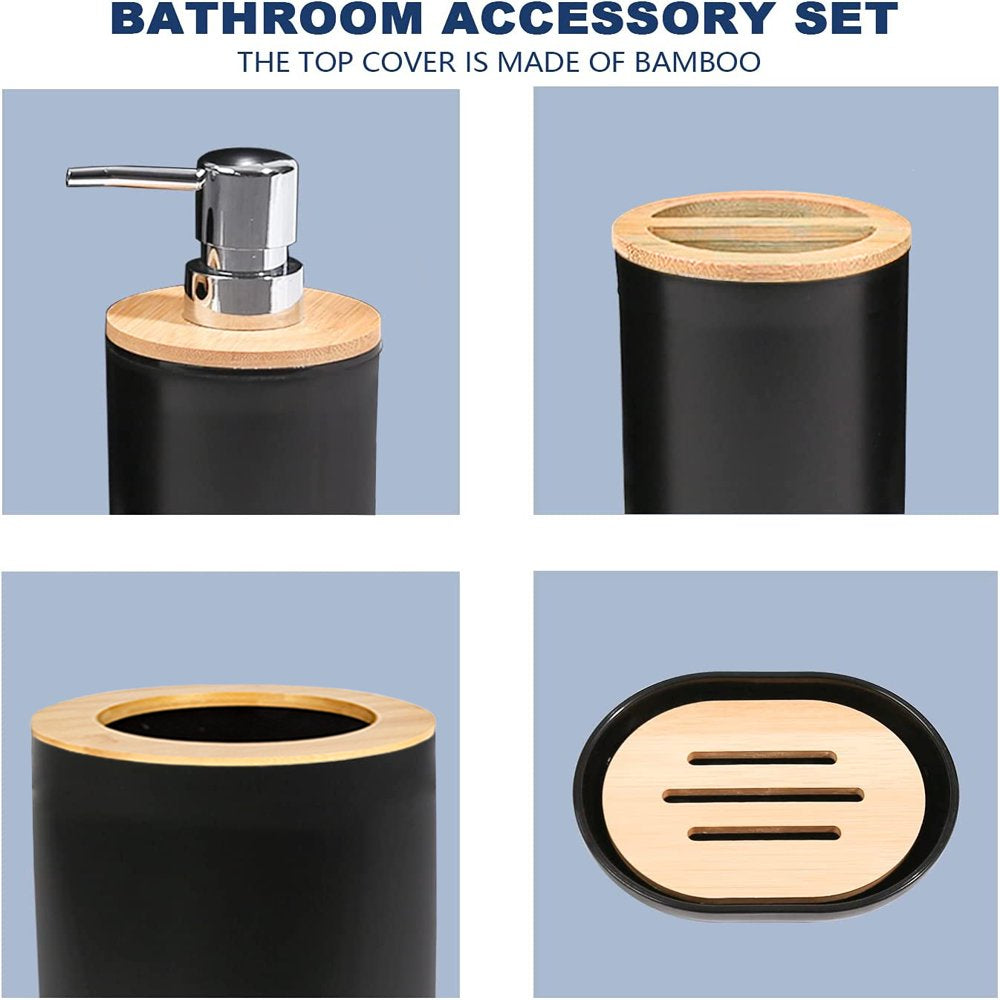 Bamboo Bathroom Accessory Set, 6 Pieces Bath Set- Soap Dish Toothbrush Holder Rinse Cup Lotion Bottle Trash Can Toilet Brush - Practical Toilet Kit for Home Washing Room,Black