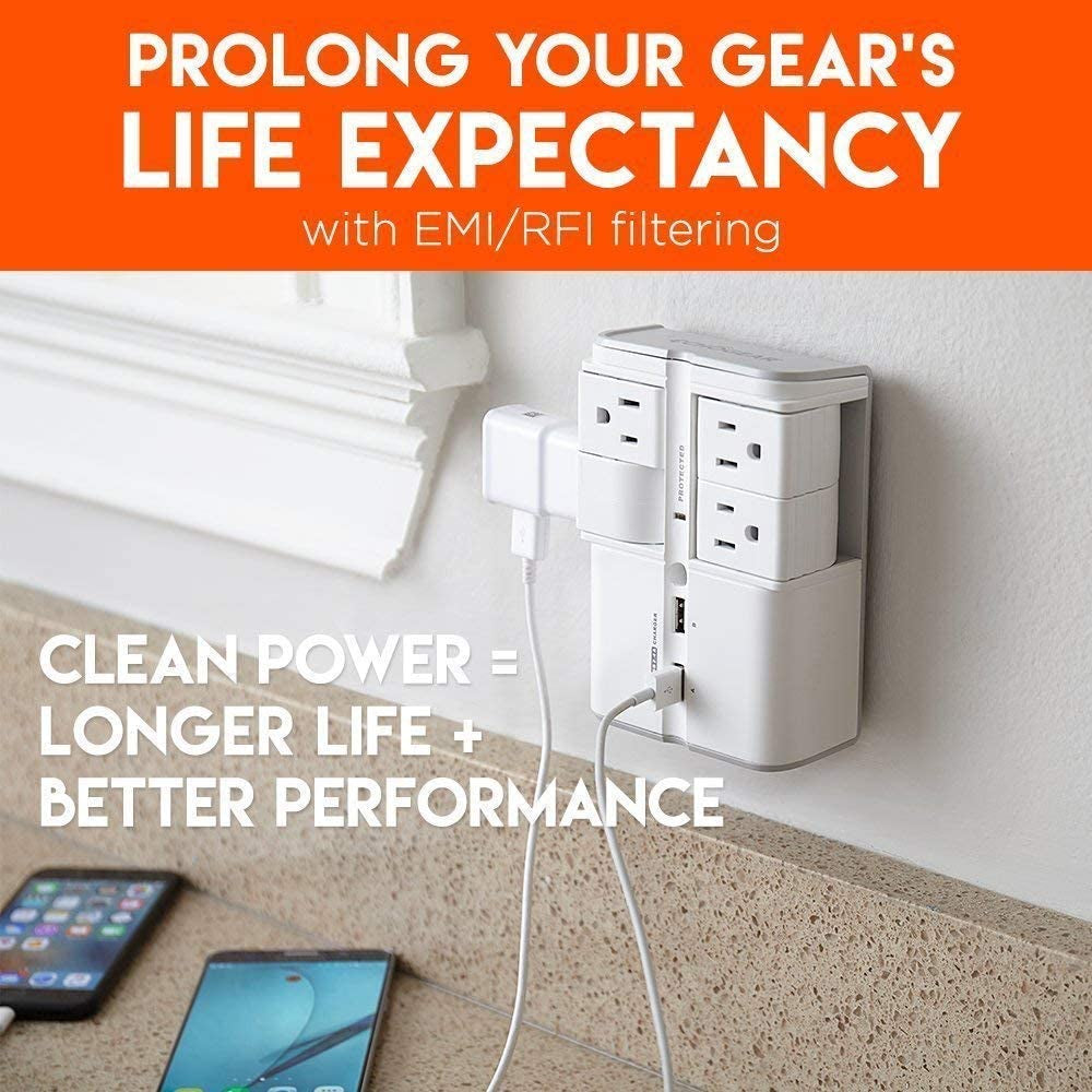 On-Wall Surge Protector with 4 Pivoting AC Outlets & 2 USB Ports – Packs 1080 Joules of Surge Protection & Installs on Existing Outlets to Protect Your Gear
