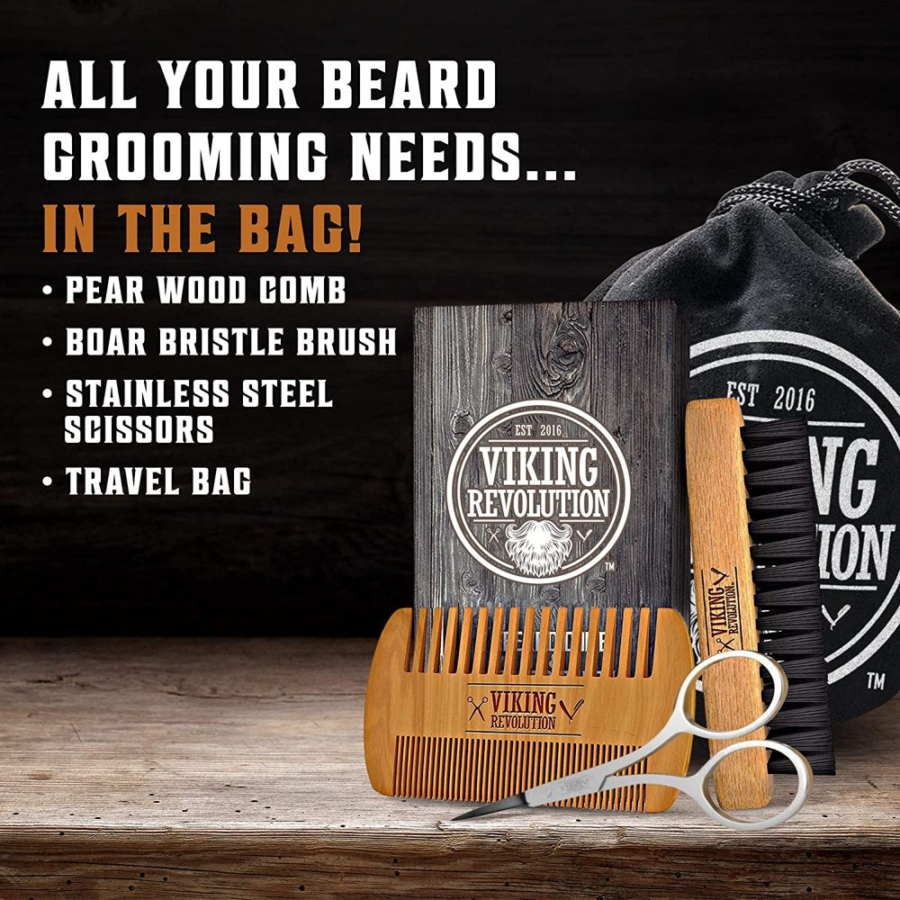 Beard Comb & Beard Brush Set for Men - Natural Boar Bristle Brush & Dual Action Pear Wood Comb W/Velvet Travel Pouch