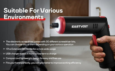 4V Cordless Screwdriver, 6Nm Electric Screwdriver Rechargeable with 90 Degree Rotary Handle, LED Light and USB Charging, Extension Rod, 32 Pieces Accessories