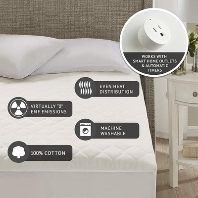 Beautyrest 100% Cotton Heated Mattress Pad - Bed Warmer with 20 Heat Settings Controller, Auto Shut off Timer, Deep All around Elastic Pocket, UL Certified, Machine Washable, White Queen