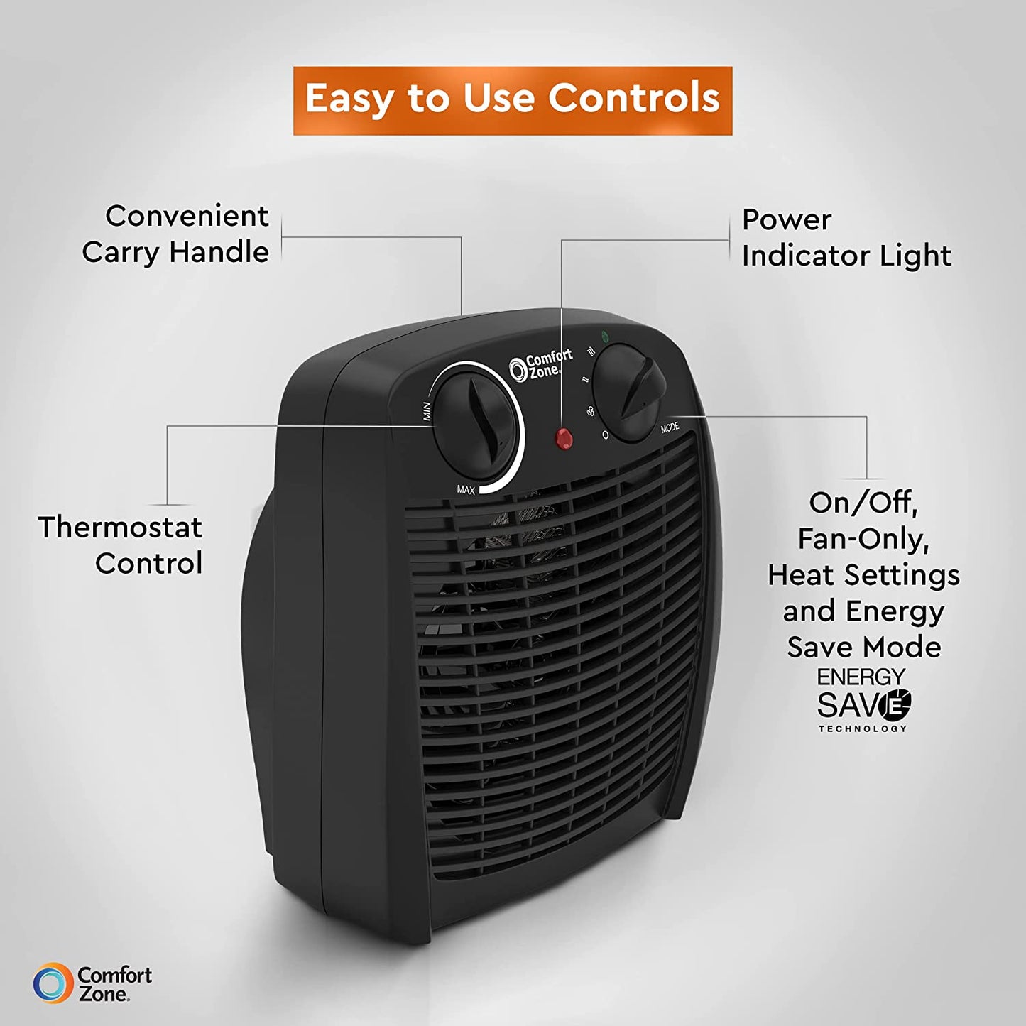 Comfort Zone CZ45E Personal Heater, 1500W with Adjustable Thermostat , Energy Saving, with Overheat Safety Sensors and Tip-Over Switch