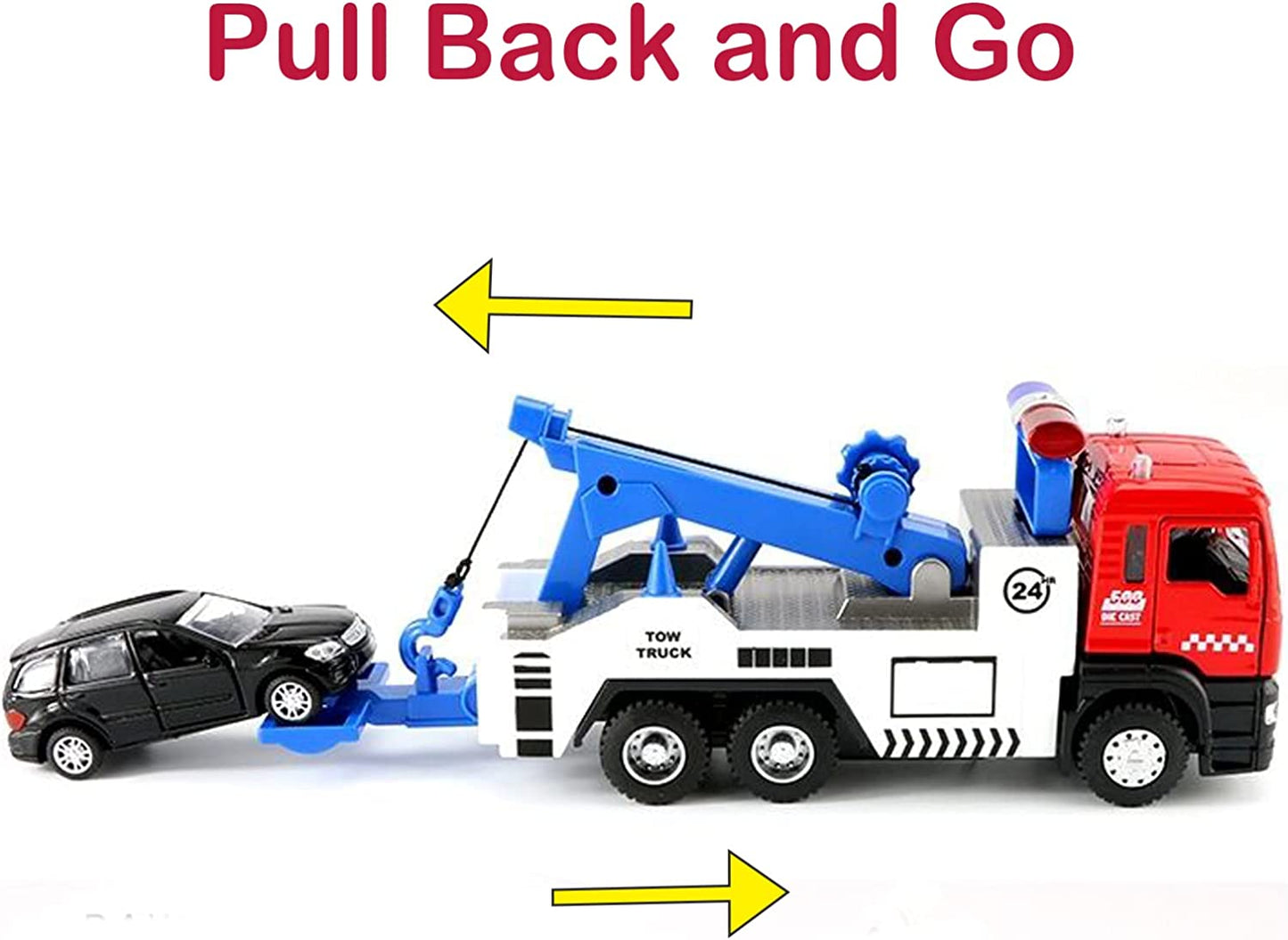 JOYINUS Toy Tow Truck Metal Diecast Truck with Car Pull Back Miniature Toy Trucks with Sound and Light for Boys(With 5 Pcs Traffic Signs)