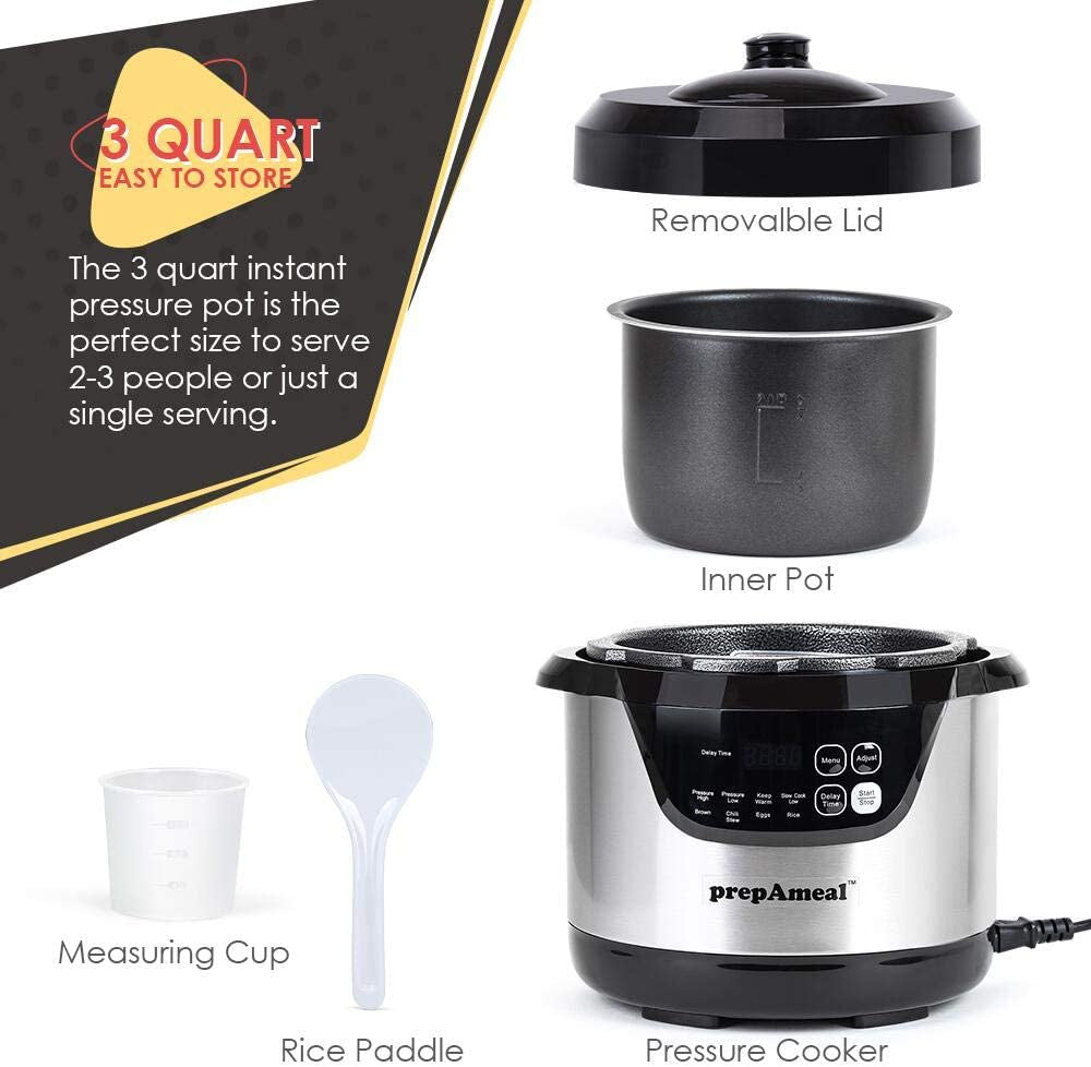Prepameal 3 Quart Pressure Cooker 8 in 1 Multi Use Programmable Instant Cooker Electric Pressure Pot with Slow Cooker, Rice Cooker, Steamer, Sauté, Brown, Warmer