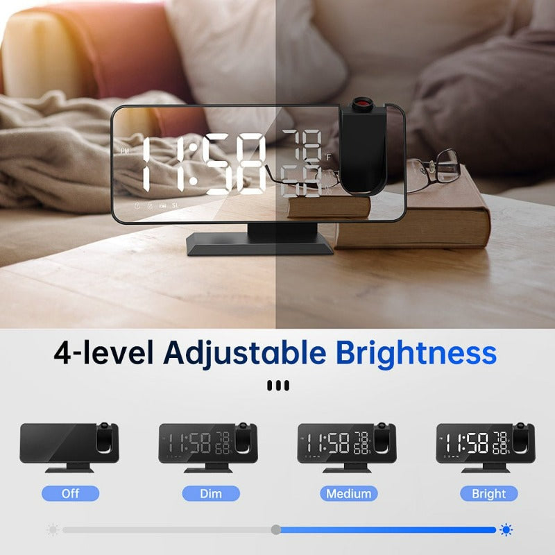 Projection Alarm Clock for Bedroom, Digital Alarm Clock Radio with USB Charger Ports, 7.3" Large LED Screen & 4 Adjustable Dimmer with Temperature & Humidity Display