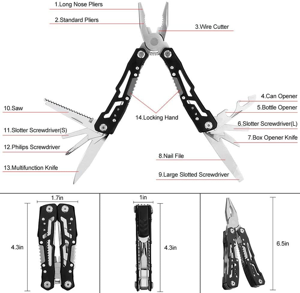 14-In-1 Multitool with Safety Locking, Professional Stainless Steel Multitool Pliers Pocket Knife, Bottle Opener, Screwdriver with Nylon Sheath for Outdoor, Survival, Camping, Hunting and Hiking