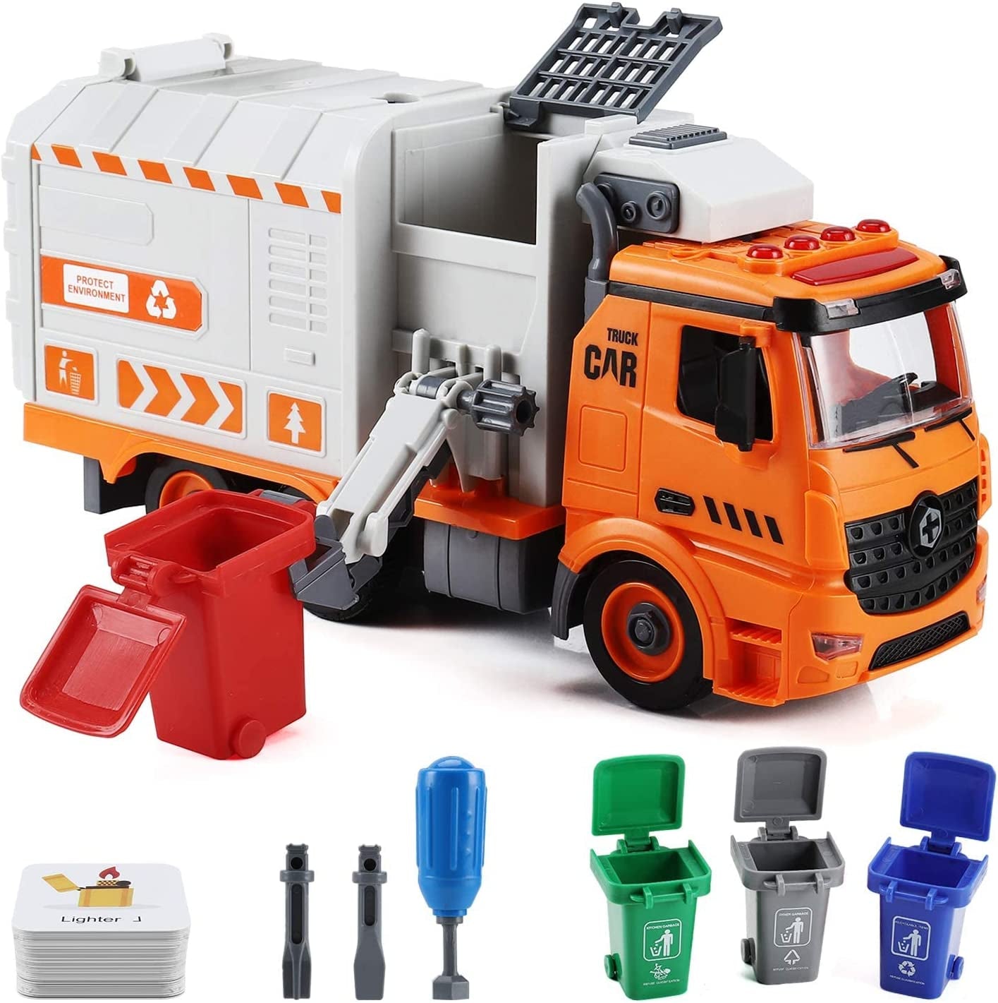 Garbage Truck Toys for 3 4 5 6 7 8 Year Old Boys, Flanney DIY Friction Powered Waste Management Recycling Truck Toy Set with 4 Trash Cans Toy Vehicle with Light and Sound Gifts for Boys Girls Toddlers
