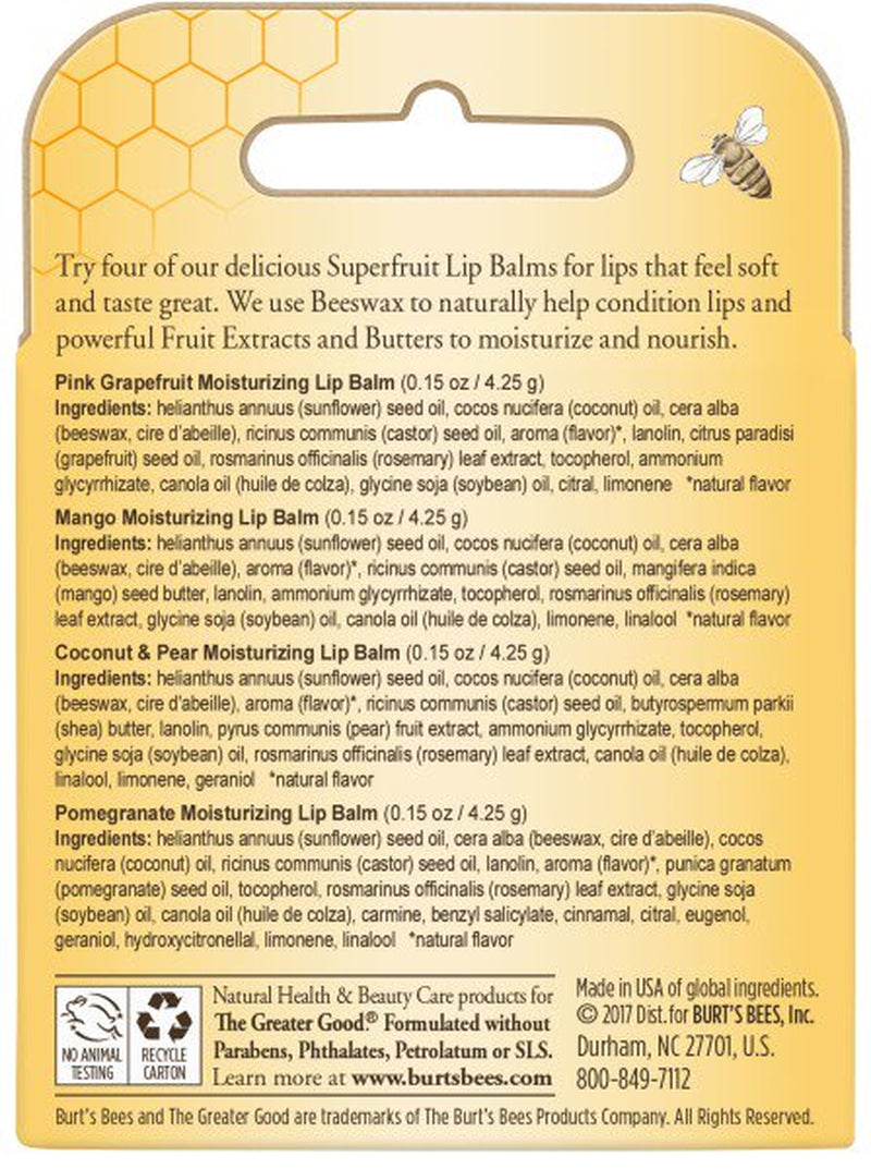 100% Natural Moisturizing Lip Balm with Beeswax, Superfruit, 4 Tubes