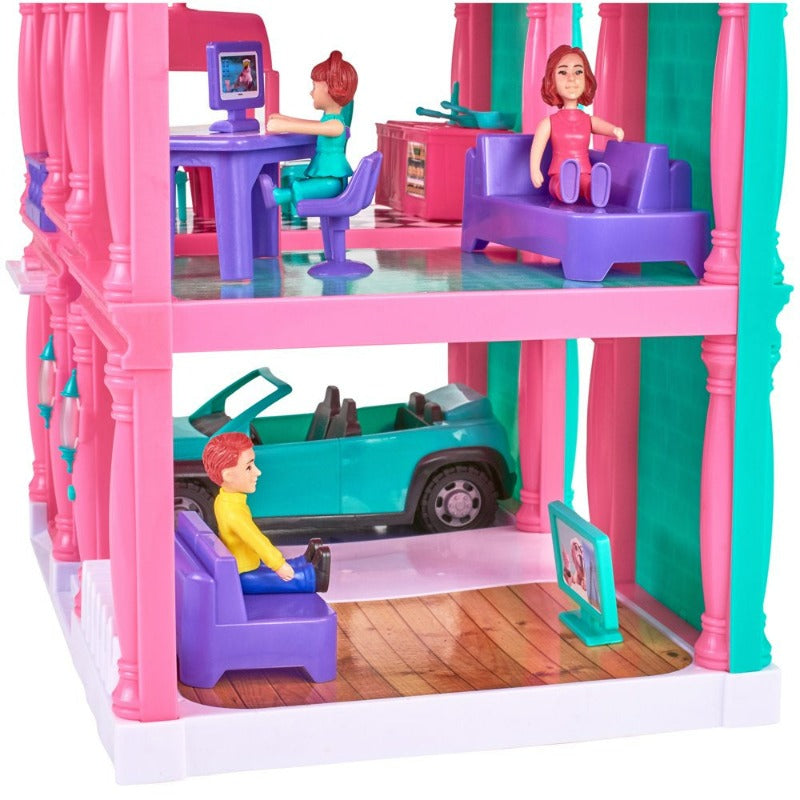 3-Story Dollhouse Play Set with Working Garage and Elevator, 24 Pieces