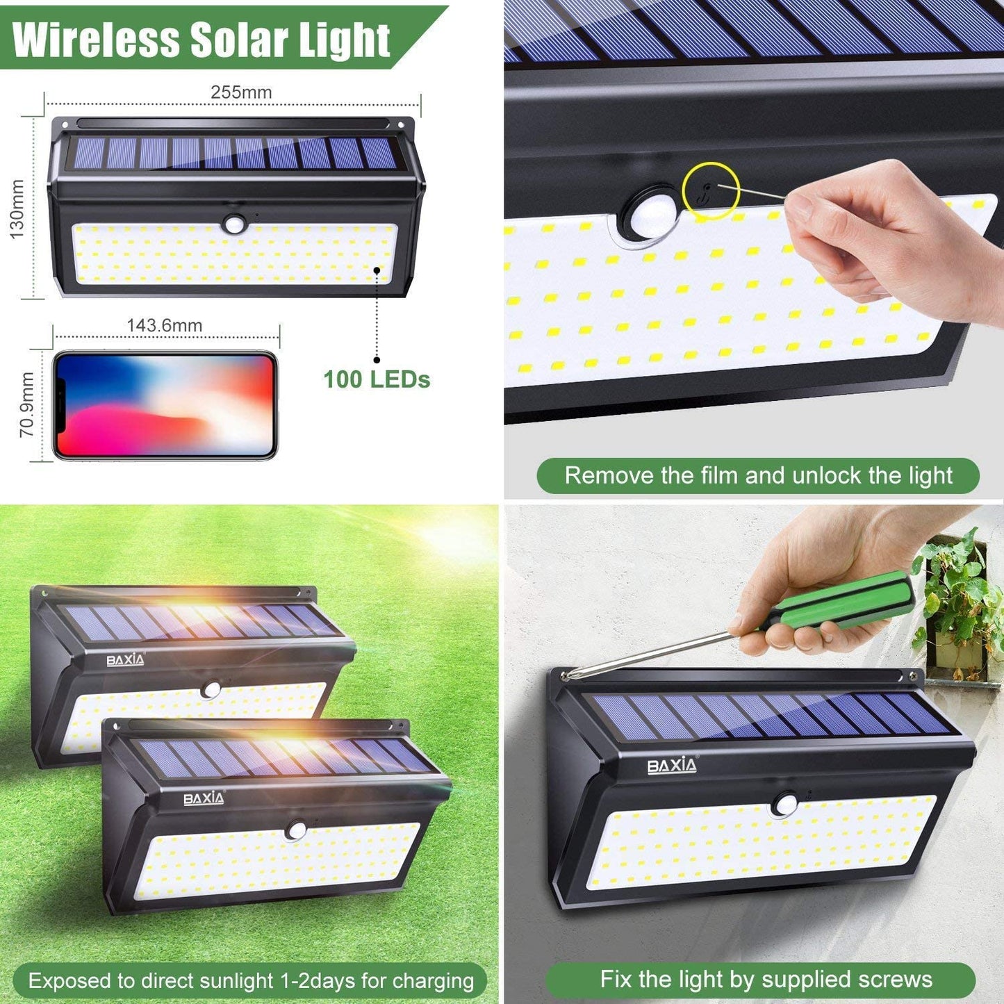 2 pack Solar Lights Outdoor Waterproof, 100 LED Solar Motion Sensor Lights with Wide Angle Super Bright Security Solar Wall Lights for Garden, Fence, Front Door, Yard