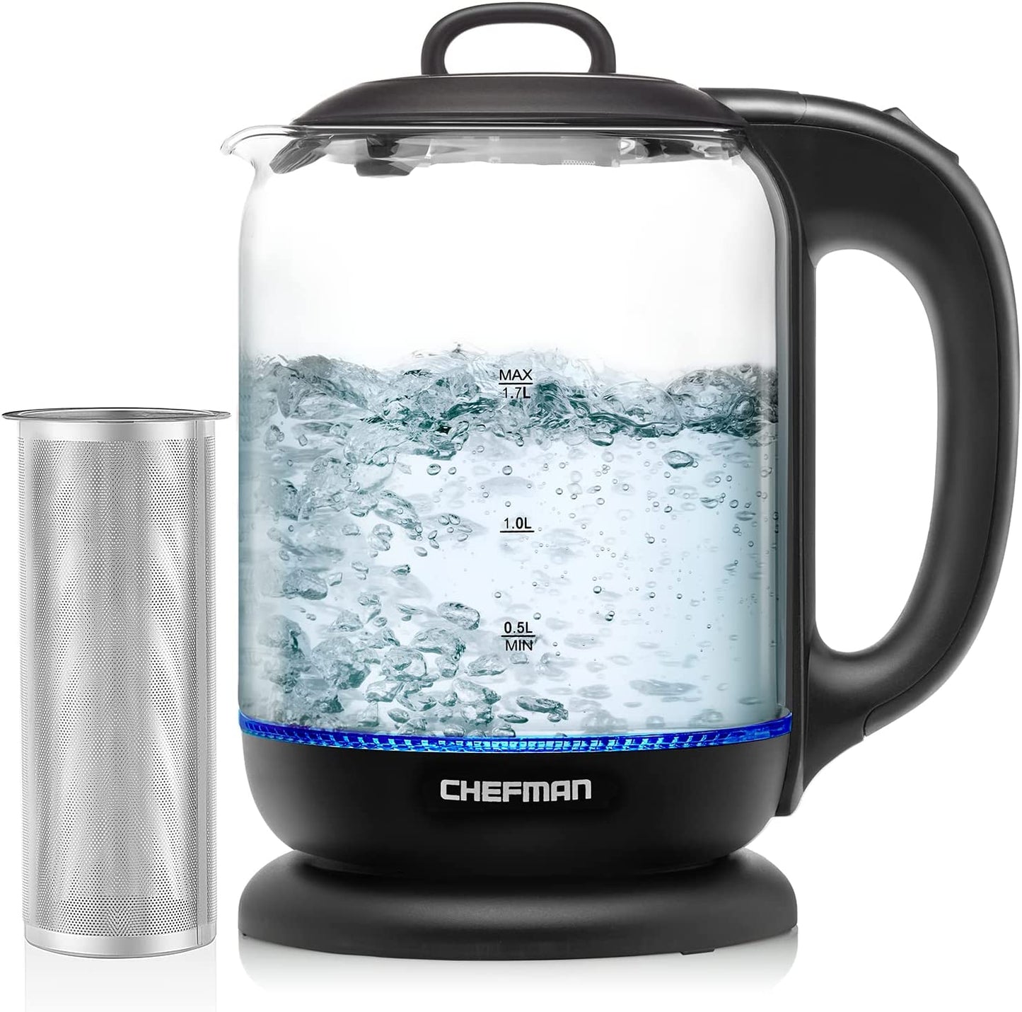 Chefman 1.7 Liter Electric Glass Tea Kettle, Fast Hot Water Boiler, One Touch Operation, Boils 7 Cups, Swivel Base & Cordless Pouring, Auto Shut-Off