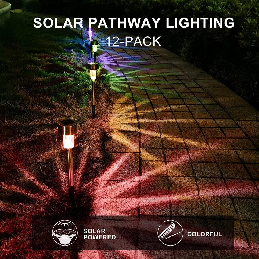12 Pack Outdoor Solar Lights Solar Landscape Lights, Stainless Steel LED Outdoor Lighting, Waterproof Garden Lights for Walkway, Terrace, Multicolor