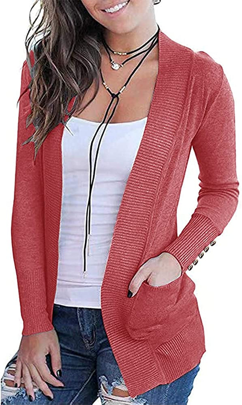 Womens Sweaters Cardigans Open Front Cufflinks Long Sleeve Knit Casual Tops with 2 Pockets
