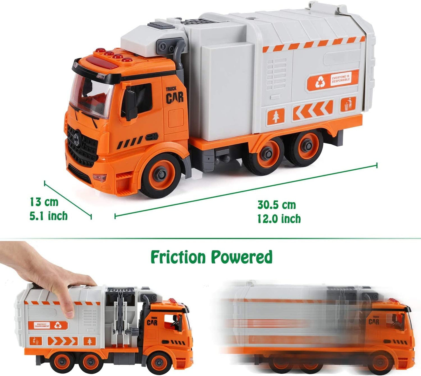Garbage Truck Toys for 3 4 5 6 7 8 Year Old Boys, Flanney DIY Friction Powered Waste Management Recycling Truck Toy Set with 4 Trash Cans Toy Vehicle with Light and Sound Gifts for Boys Girls Toddlers
