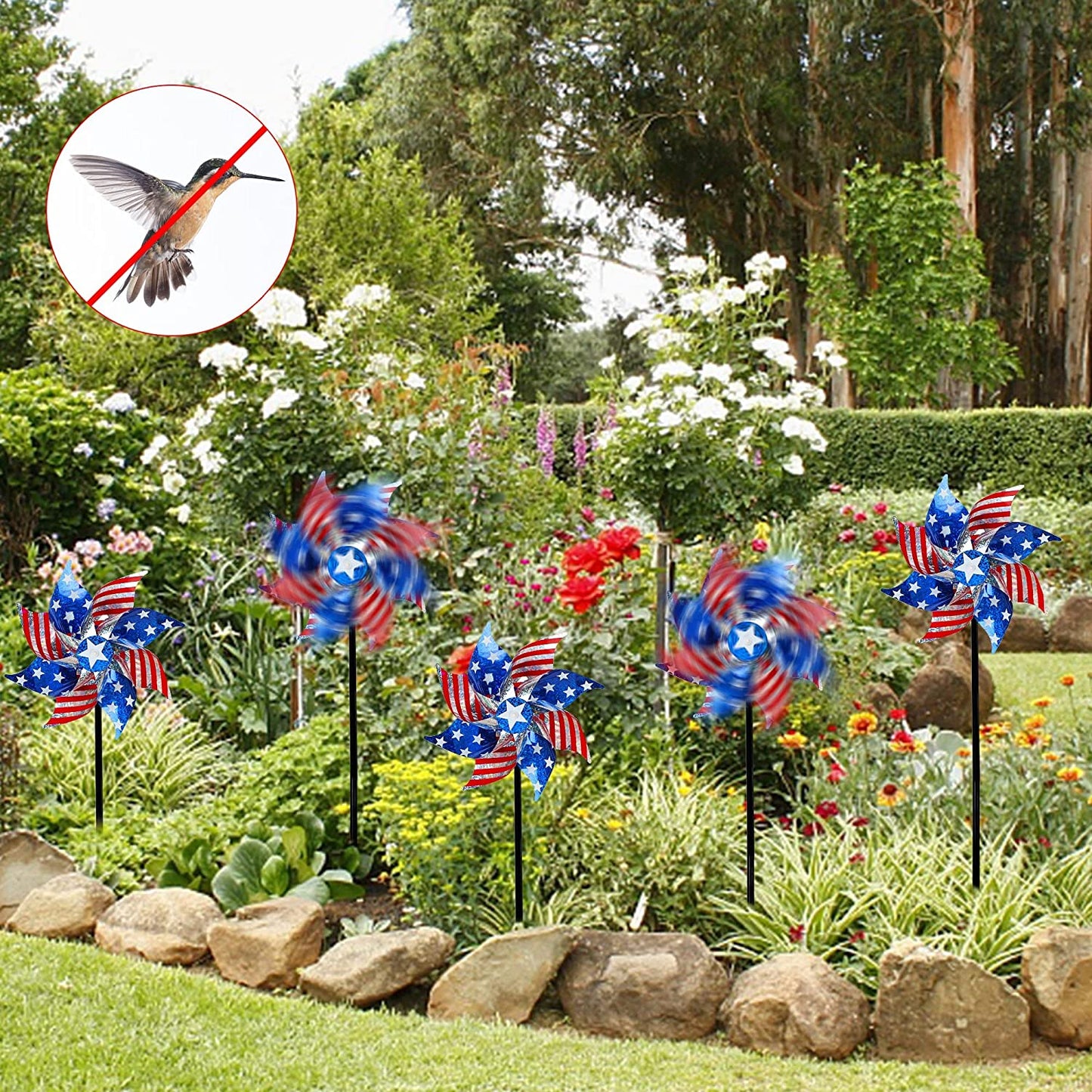 10 Pack Reflective Pinwheels Patriotic Decorations, American Flag on Stick Wind Spinner with Stake for Independence Day, Memorial Day July of 4th Party Supplies, Scare Birds Repellent Devices