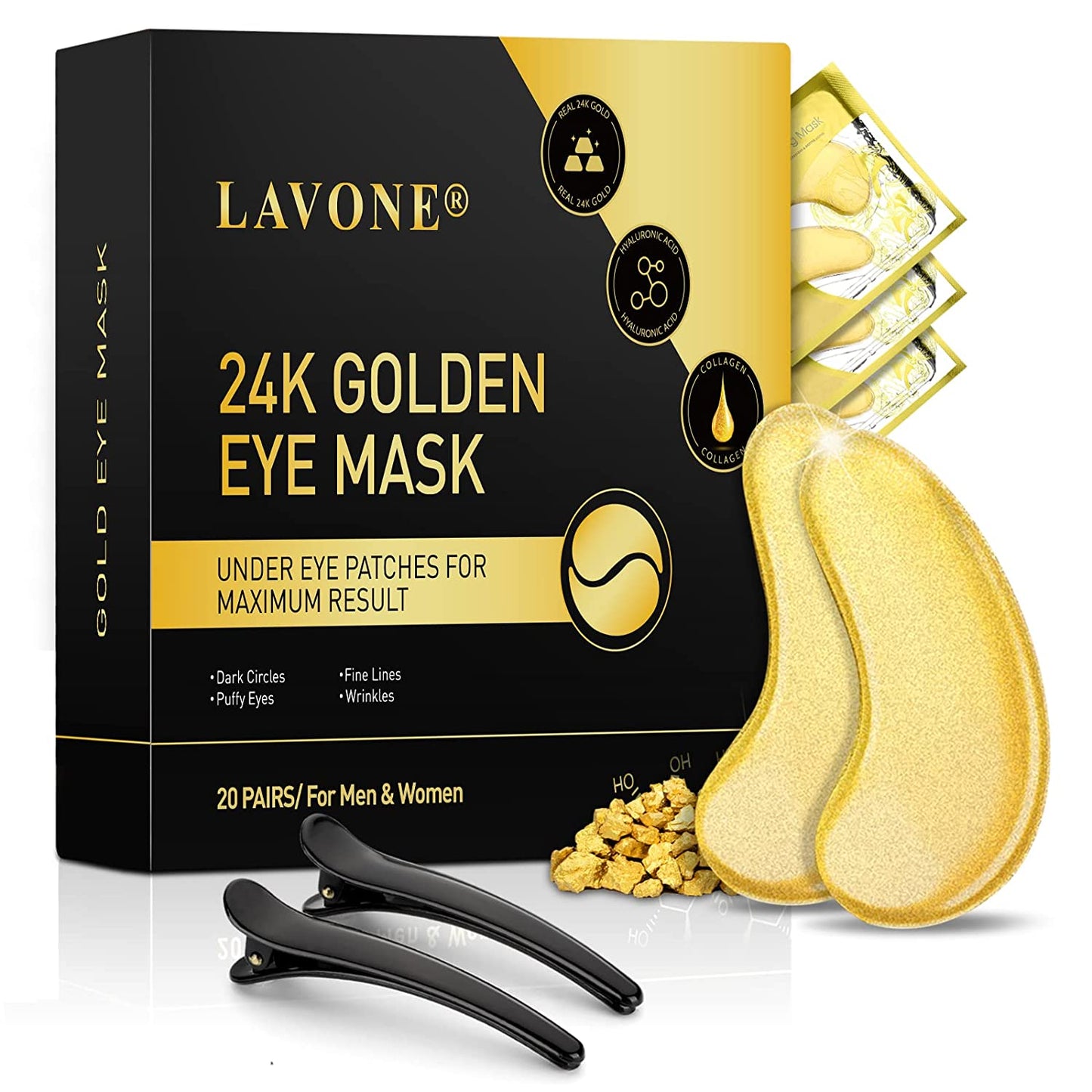 30 Pairs 24K Gold Under Eye Mask - Eye Masks for Dark Circles and Puffiness, Reduce Wrinkles, Eye Bags and Fine Lines, Under Eye Patches Skin Care for Women and Man, with Hair Clips.
