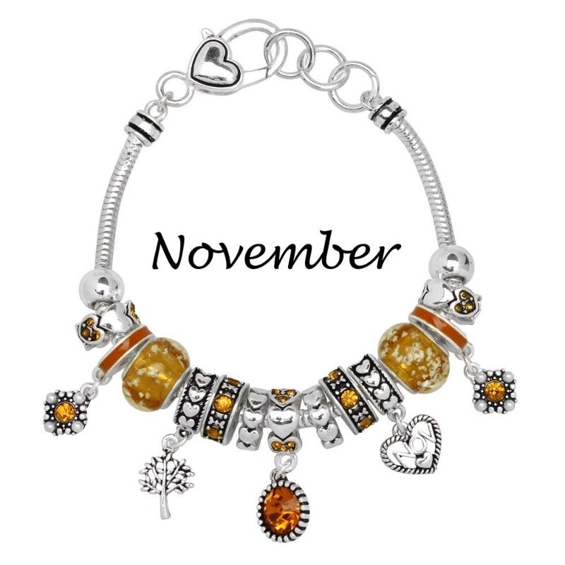 Birthstone Bracelet Multi-Color Charm Beads Silvertone