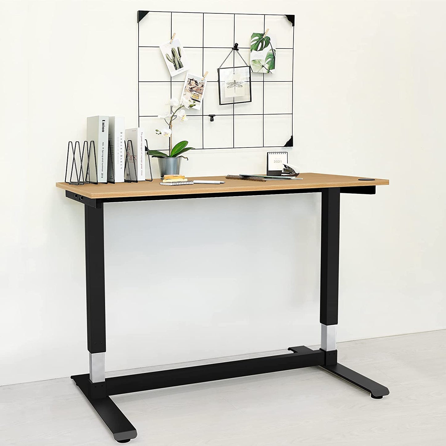 Height Adjustable Computer Desk Electric, 48 X 24 Inches, Black Frame Teak Tabletop