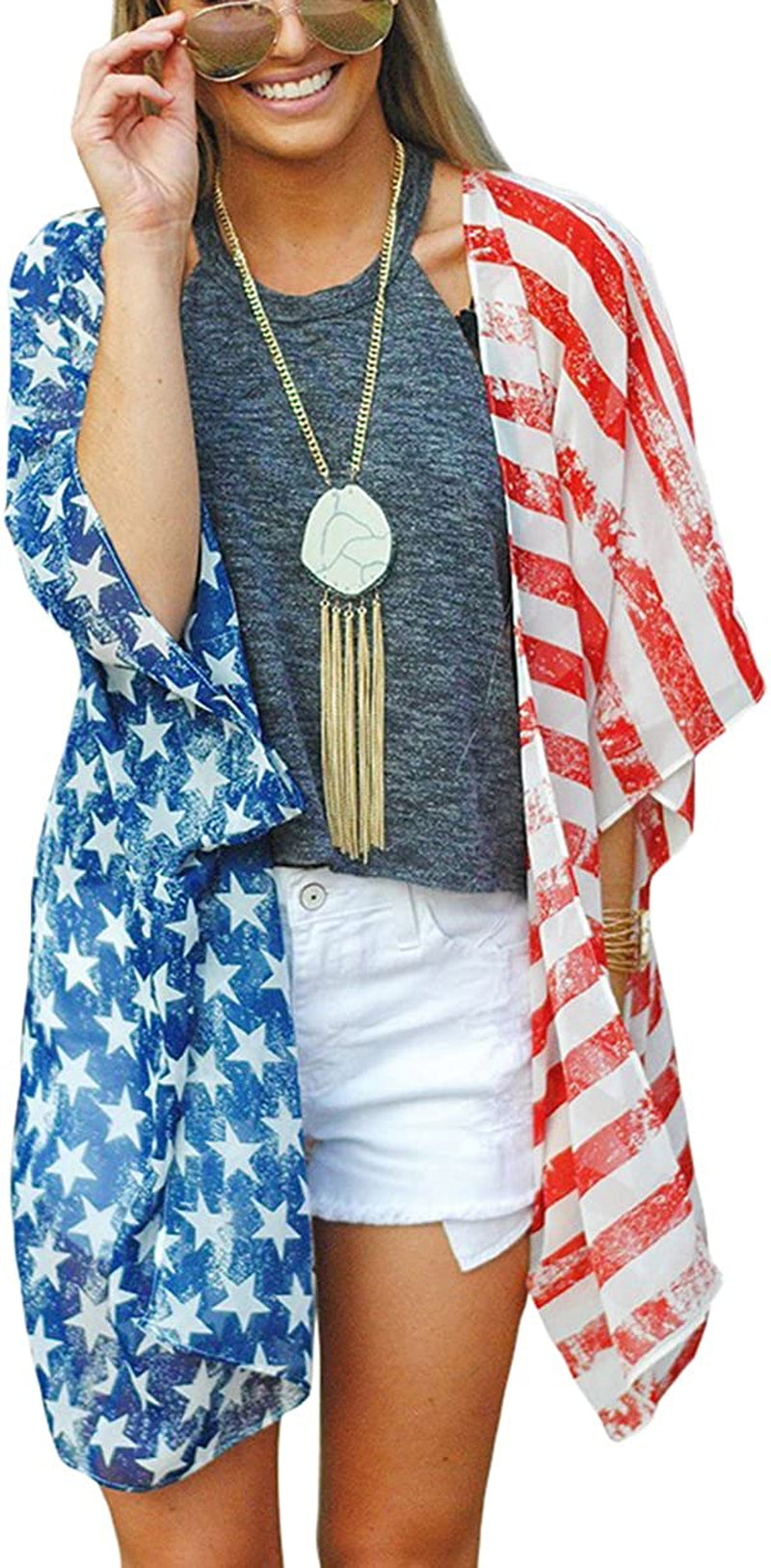 Women's American Flag Kimono Cover up Beachwear Cardigan Loose Tops Shirt Blouse
