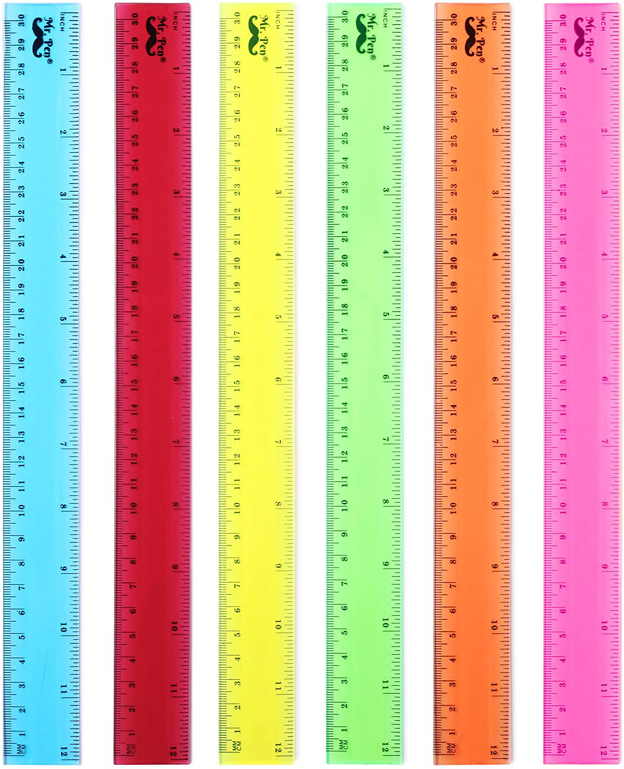 Mr. Pen- Rulers, Rulers 12 Inch, 6 Pack, Assorted Colors, Kids Ruler for School, Rulers for Kids, Ruler with Centimeters and Inches, Plastic Rulers, Kids Ruler, School Ruler, Standard Ruler, Clear