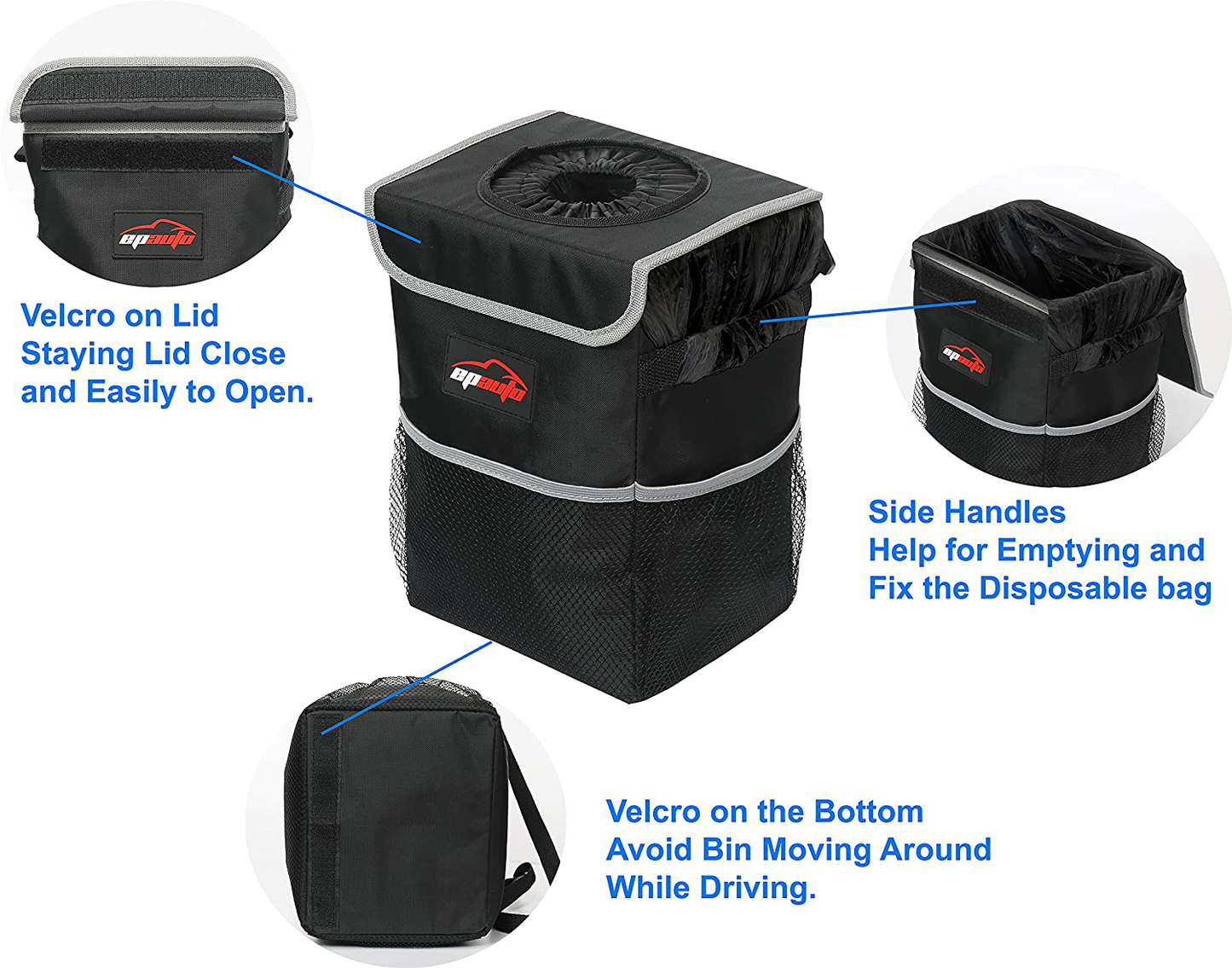 EPAuto Waterproof Car Trash Can with Lid and Pockets Includes Trash Bags