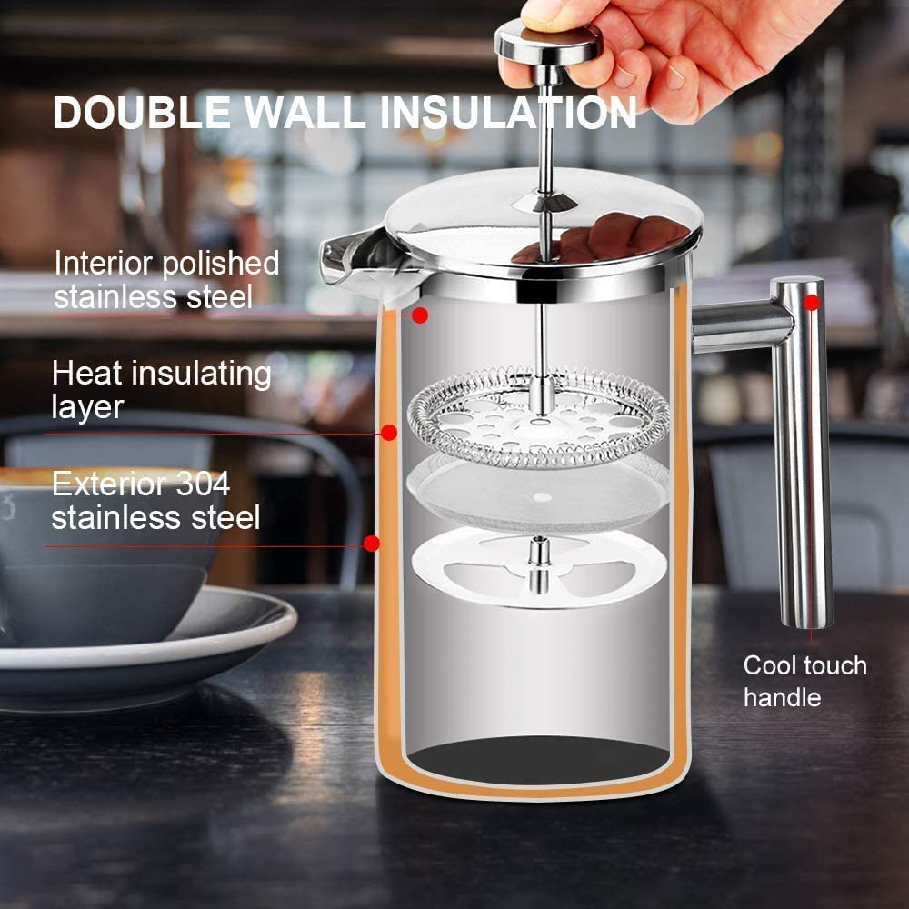 Secura French Press Coffee Maker, 304 Grade Stainless Steel Insulated Coffee Press with 2 Extra Screens, 50oz (1.5 Litre), Silver