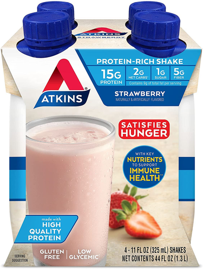 (2 Pack) Atkins, Strawberry Shake, 4 Count per Pack, 11 Oz. Containers