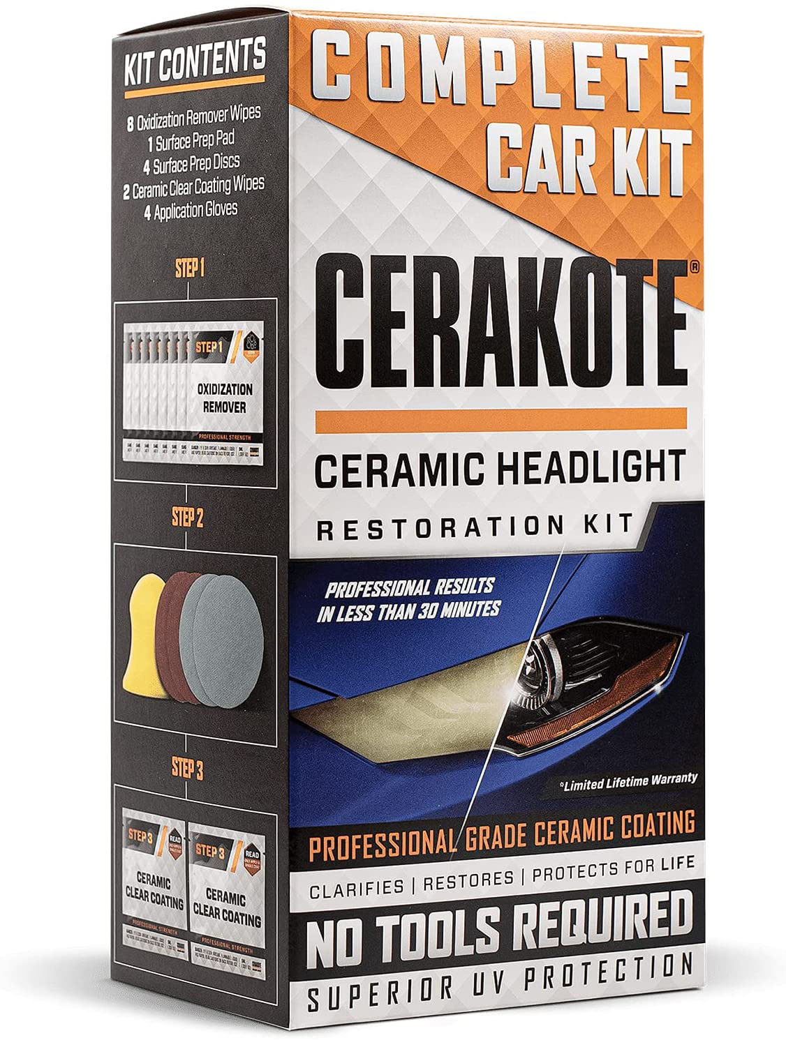 CERAKOTE Ceramic Headlight Restoration Kit – Guaranteed To Last As Long As You Own Your Vehicle – Brings Headlights back to Like New Condition - 3 Easy Steps - No Power Tools Required