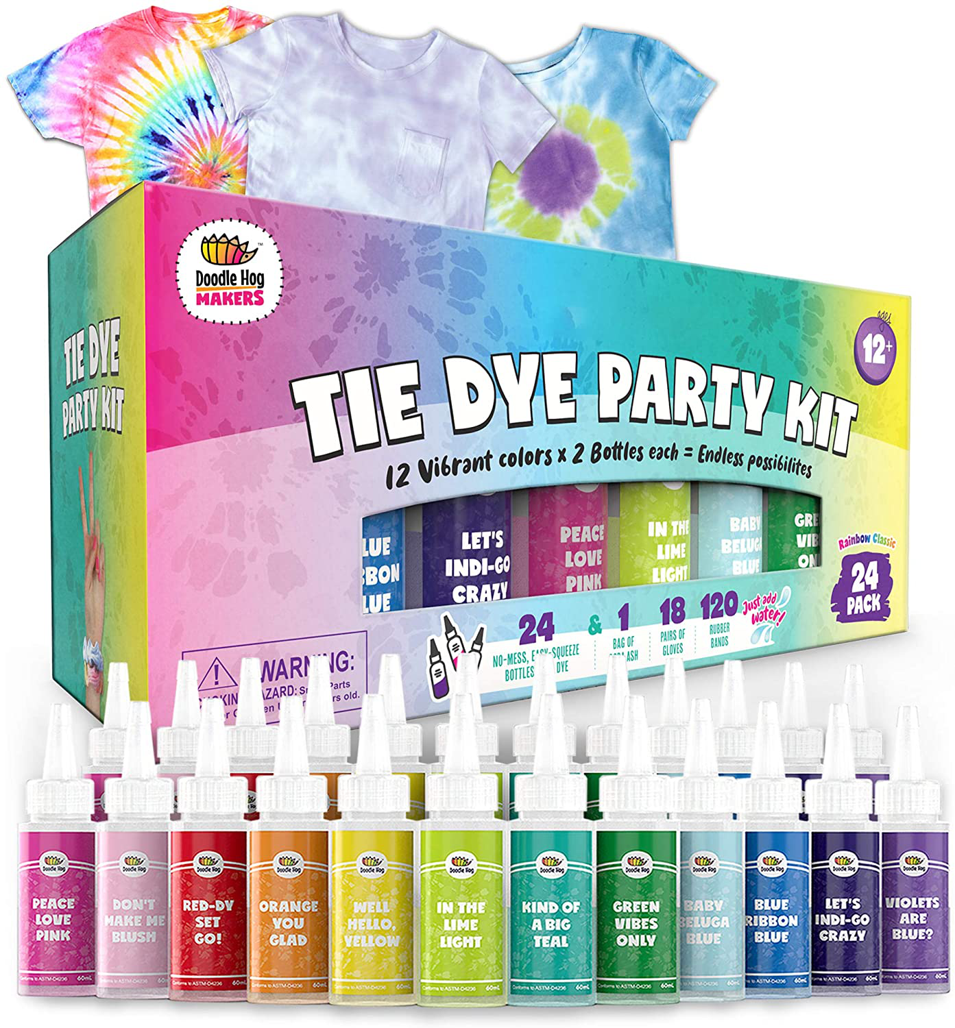 Doodlehog Easy Tie Dye Party Kit for Kids, Adults, and Groups. Create Vibrant Designs with Non-Toxic Dye