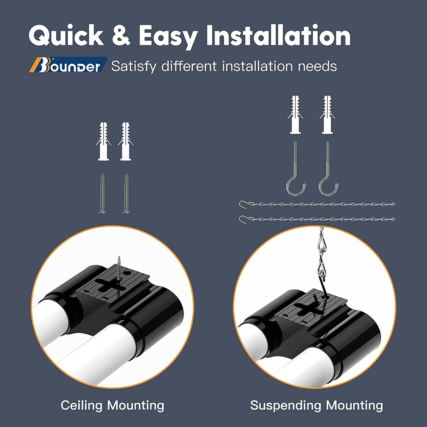 Bbounder 4 Pack Linkable LED Utility Shop Light, 4 FT, 4000 LM, 48 Inch Integrated Fixture for Garage, 40W Equivalent 250W, 5000K Daylight, Surface + Suspension Mount