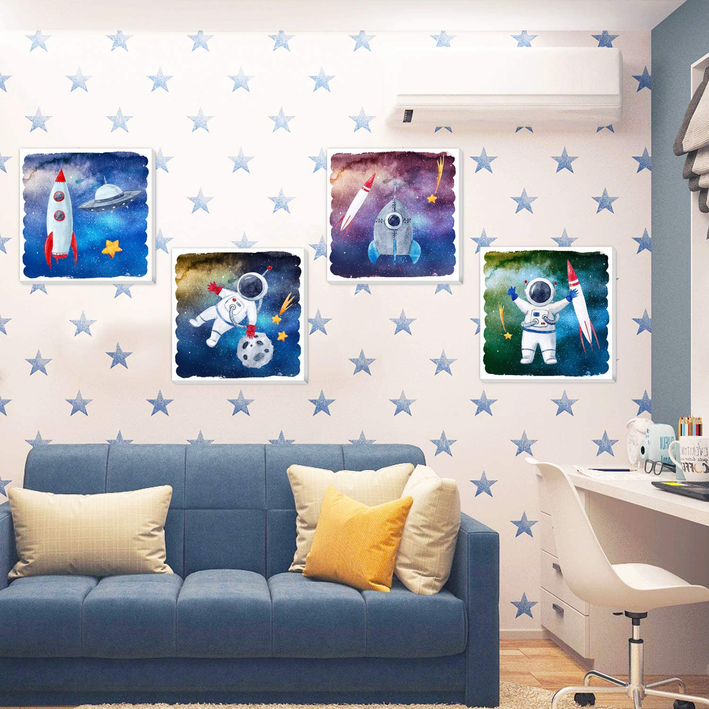 TEXTURE OF DREAMS Cartoon Astronaut Rocket Stars UFO in Outer Space Travel Canvas Wall Art, Boy Room Science Theme Nursery Wall Decor Poster Kid Bedroom Playroom Dorm Classroom 4 Pack (10" x 10")