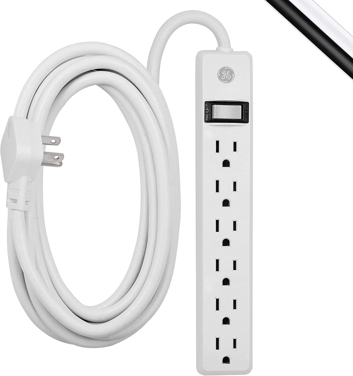 GE, White, 6 Outlet 2 Pack, 2 Ft Cord, Switched Power Strip, Integrated Circuit Breaker, Overload Protection, Wall Mountable, 3 Prong, UL Listed, 14833, Count
